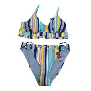 Adore Me Striped Bikini Set Womens M Blue Yellow Pink Ruffle Swim Top Bottom